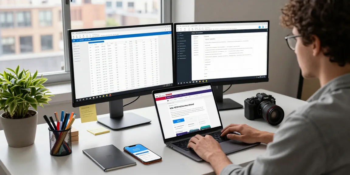 Focused professional engaging with WPS Official Website on dual monitors in a modern workspace, showcasing productivity tools and technology.
