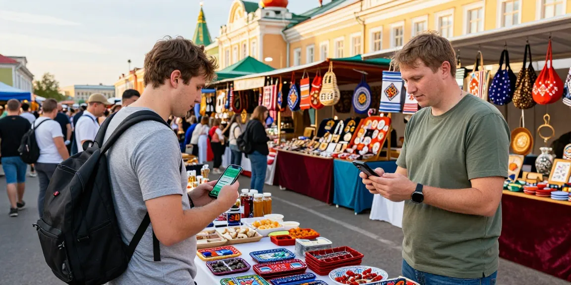 Pago fácil en Rusia a través de la app https://payinrussia.com/ en un mercado local lleno de turistas y productos artesanales.