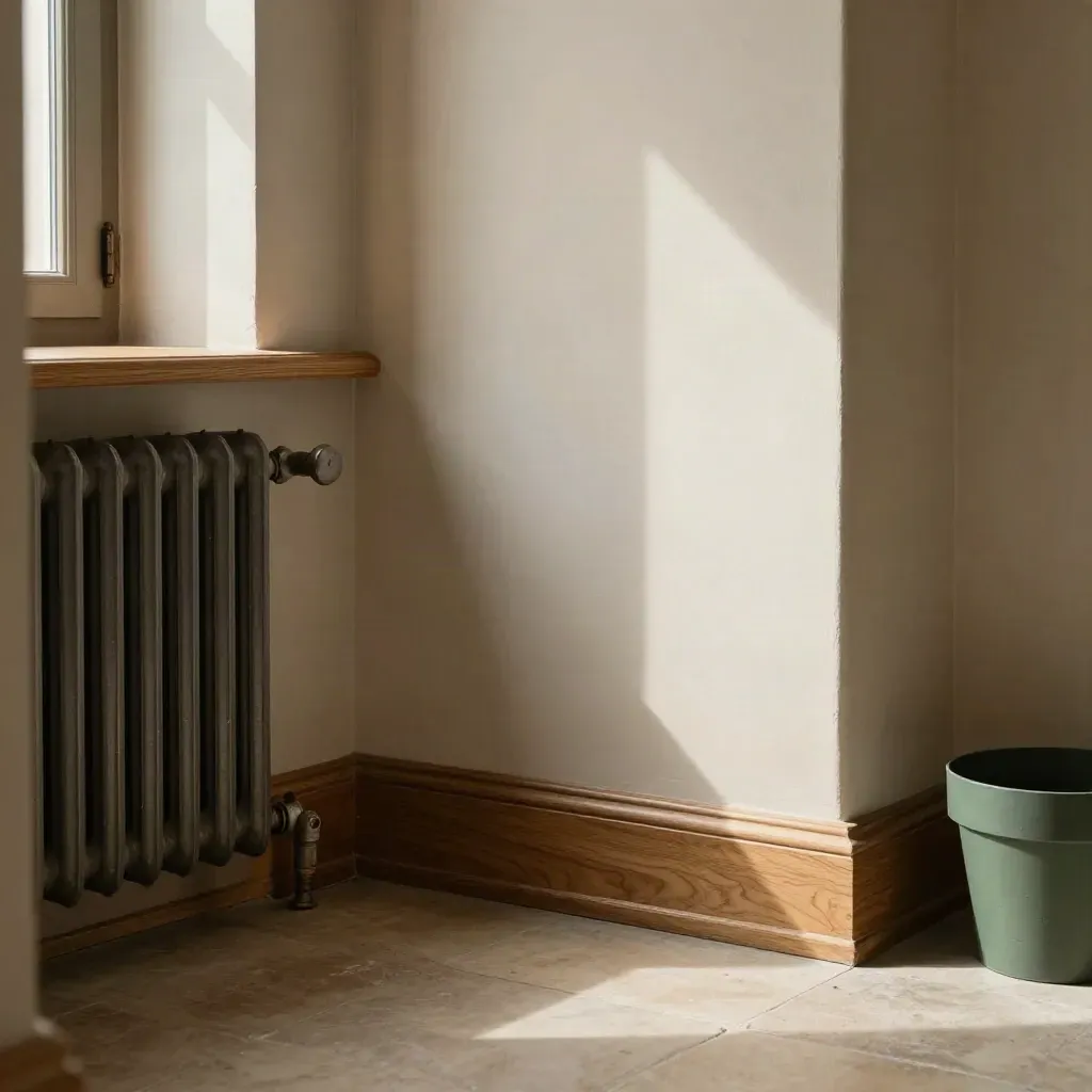 Ett lägenhetshörn med radiator, fönsterlås och skarpa skuggor i kvällsljus.