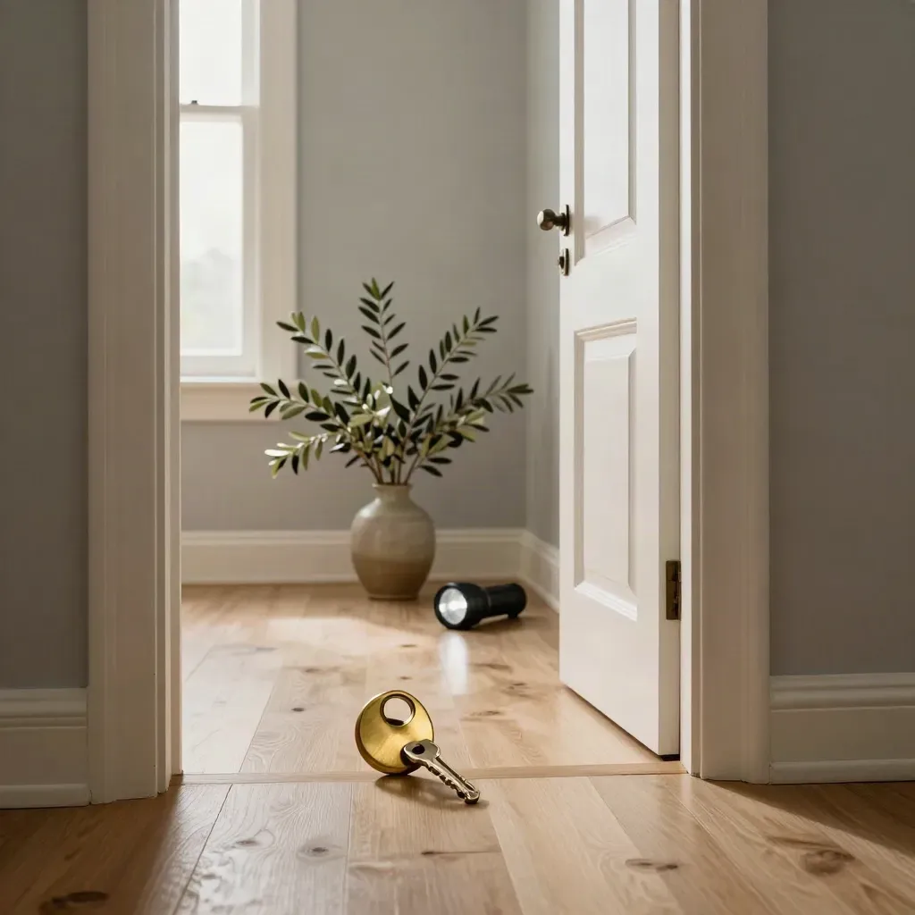 Öppen hall med ficklampa, nyckelring och vas med kvistar i frisk dragluft.