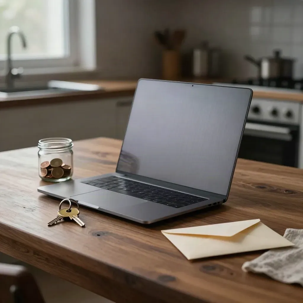 Mörkt kvällskök med stängd laptop, myntburk, nyckelring och kuvert på ett bord.