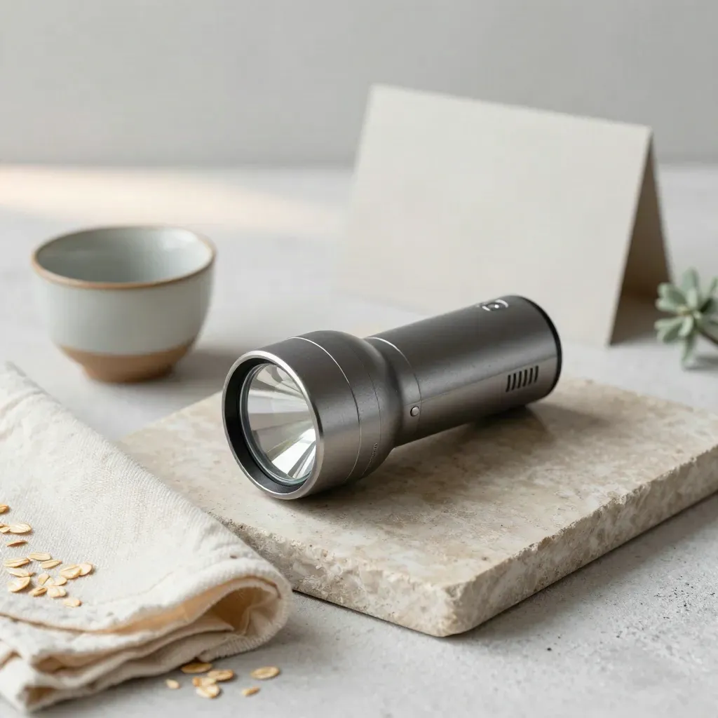 Ficklampa, vikt tyg, kopp och liten planta på stenbricka i mjukt morgonljus.