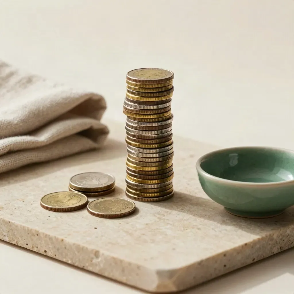 Överifrån: myntstapel, sten, linneduk och liten grön skål i lugn budgivningsflatlay.